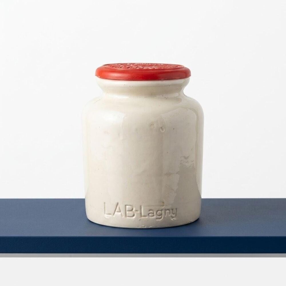 Vintage French Stoneware Mustard Crock with Red Lid